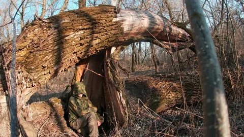 Shelter in the trunk of an old tree, Soviet camouflage jacket KZS for a scout. Видео 331594379