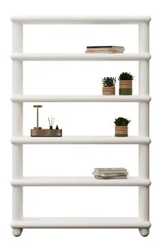 Shelves are displayed from the front view with various decor items placed o.. Stock Photos