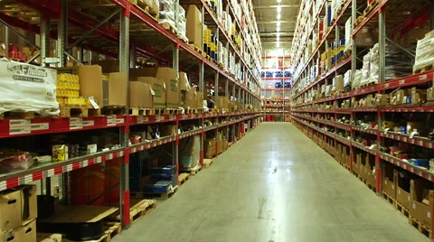 Shelves of boxes inside a storage warehouse Stock Footage 54970833