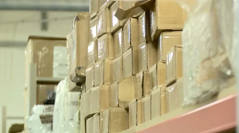 Shelves with boxes in stock Видео 68501930
