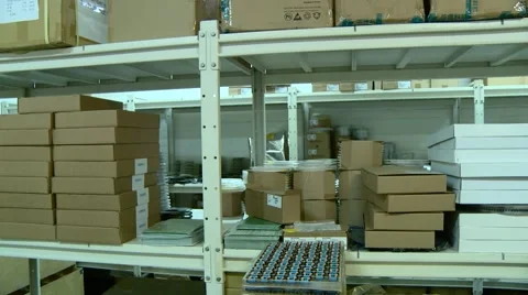 Shelves with boxes in stock front pan Видео 68501994