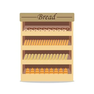 Shelves with bread with bread, shop window with bread. Selling bread. Stock Illustration