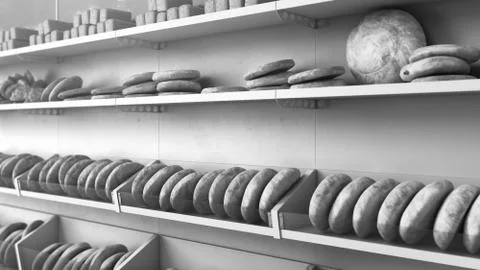 Shelves with bread in a supermarket different types of pastries on shelves 3d Stock Illustration