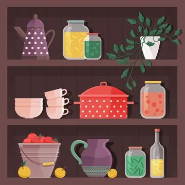 Shelves with ceramic table serving kitchen utensils, tea cup on saucer, jar.. Illustrazione stock