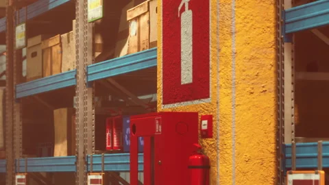 Shelves filled with boxes and safety equipment in a storage area Stock Footage 343926985