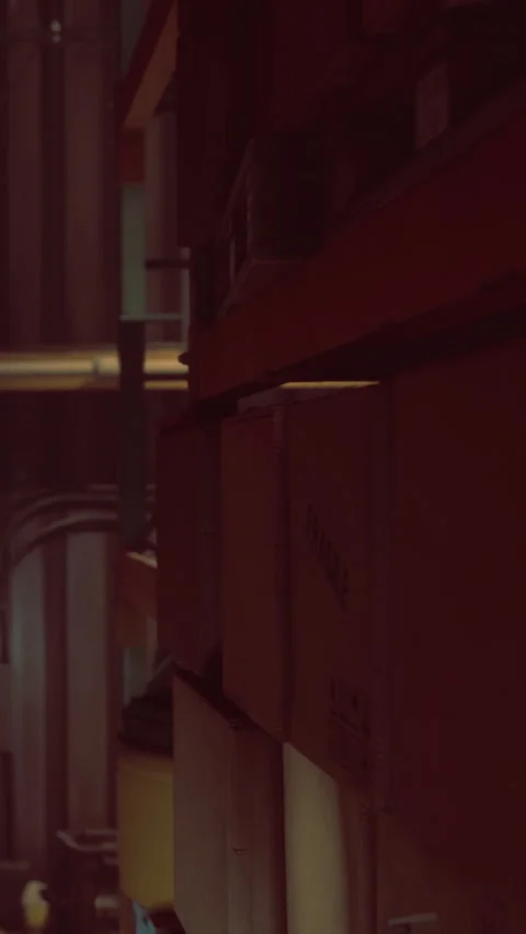 Shelves filled with boxes in a dimly lit storage area during evening hours Stock Footage 335098097