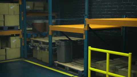 Shelves filled with boxes in a dimly lit warehouse during evening hours Stock Footage 341594539
