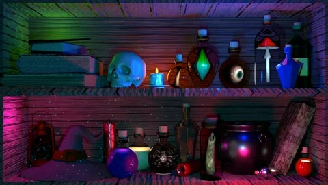 Shelves filled with different magic items 3d 4K loop animation Stock Footage 205713574