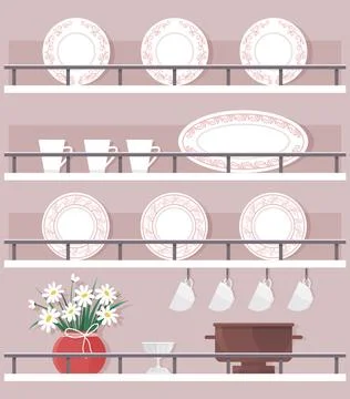 Shelves with kitchenware. Cute table service plates, bowls and cups. Food pre Illustrazione stock