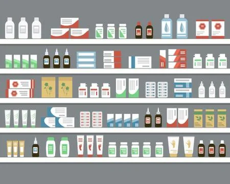 Shelves with medicines. Objects for a pharmacy interior Stock Illustration
