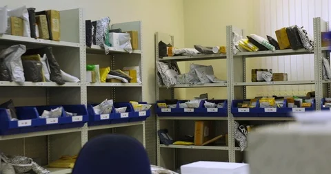 Shelves with parcels in the post office Stock Footage 93890774