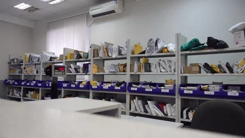 Shelves with parcels in the post office Stock Footage 93891070