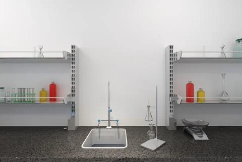 Shelves with test tubes in laboratory Stock Illustration