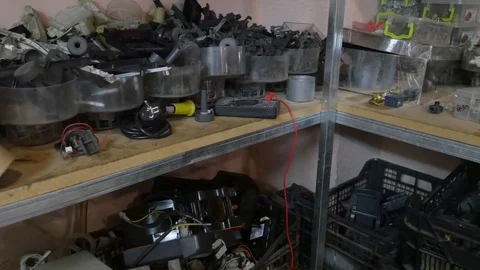 Shelves with tools, Tools in plastic boxes Stock Footage 78560729