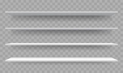 Shelves on wall perspective. Vector isolated 3D shelf racks mockup templates  Stock Illustration