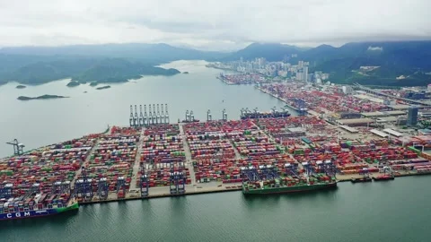 Shenzhen Aerial view of container ship in Yantian port in Shenzhen city, China Stock Footage 327670603