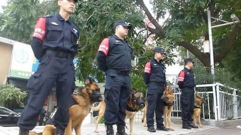 Shenzhen, China: security guards at the marathon site Stock Footage 70270517