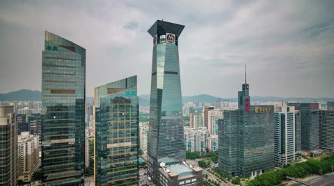 Shenzhen day light top mirror window buildings panoram 4k time lapse china Stock-Footage 49197232