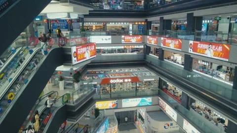 Shenzhen Huaqiangbei Multi Floor Electronics Mall Interior with Godox Autel and Stock Footage 334084942