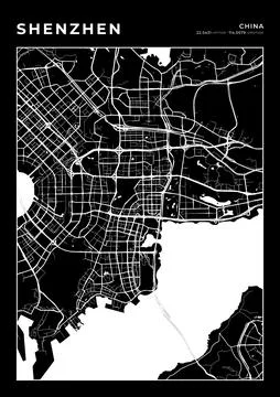 Shenzhen Map Wall Art Frame, Cartography Map Print, City Layout Map Stock Illustration