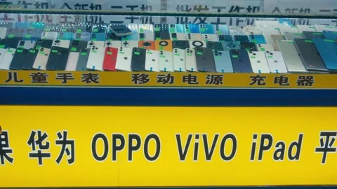 Shenzhen Second Hand Smartphone Display with Huawei OPPO Vivo iPad Brands on Stock Footage 334084949