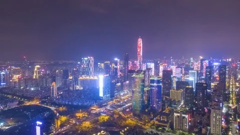 Shenzhen Urban Skyline and Light Show. Futian District. Aerial Hyper Lapse Stock Footage 108564667
