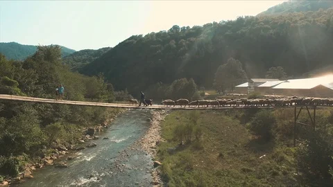 Shepherd crossing bridge over river with sheep behind him Stock Footage 129849509