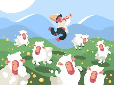 Shepherd grazes herd of sheep Stock Illustration