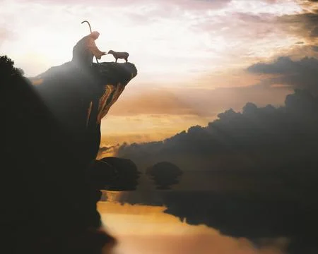 Shepherd Jesus Christ saving a lamb from the edge of a rice field Stock Photos