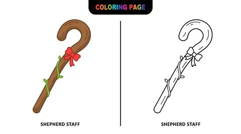 A shepherd staff with a red bow and green vine, presented in both colored and Stock Illustration