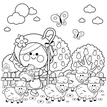 Shepherdess and sheep at the farm. Vector black and white coloring page. Stock Illustration