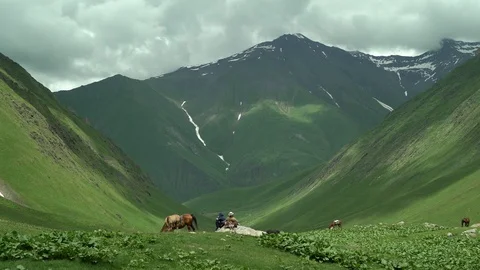 Shepherds and horses in the gorge between the snow capped mountains. summer day. Stock Footage 115963837