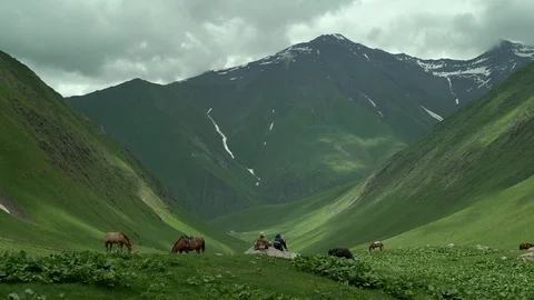 Shepherds and horses in the gorge between the snow capped mountains. summer day. Stock Footage 115963861