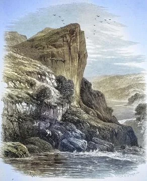 Shepherd's Cliff, Shepherd's Crag on the River Llugwy in Wales, illustration, Stock-Illustration