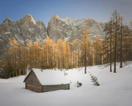 Shepherds hut surrounded by show next to a grove of golden larch trees Stock Photos