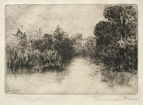 Shere Mill Pond (A Small Study). Francis Seymour Haden (British, 1818-1910).. Illustrazione stock