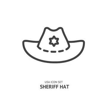 Sheriff Hat Black Thin Line Icon American Symbol Concept. Vector Stock Illustration