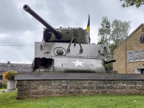 Sherman Tank &amp; Memorial Task Force Hogan in Rendeux, Wallonia, Belgium. Stock Photos