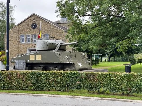 Sherman Tank &amp; Memorial Task Force Hogan in Rendeux, Wallonia, Belgium. Stock Photos