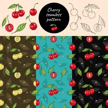 Сherry seamless pattern set 스톡 일러스트