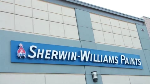 Sherwin williams paints horizontal rectangle sign logo on back of store blue Stock-Footage 251358730
