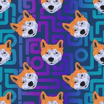 Shiba inu seamless pattern on background geometric shapes of a maze bar-striped Stock Illustration