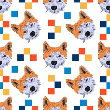 Shiba inu seamless pattern with colored pexels. Hand drawn head dog seamless Stock Illustration