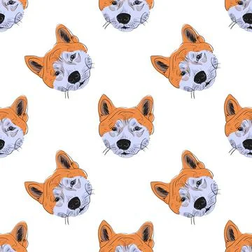 Shiba inu seamless pattern. Hand drawn head dog seamless pattern on white Stock Illustration
