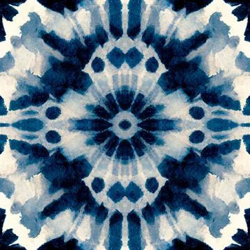 Shibori dye tie seamless pattern - blue watercolor abstract texture. Illustrazione stock
