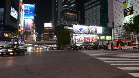 Shibuya diagonal scramble intersection at night, Tokyo, Japan Stock Footage 101644621