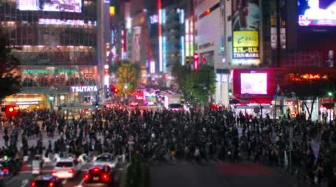 Shibuya street crossing tilt-shift & time-lapse with slow zoom out. Stock Footage