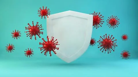 Shield 3d Illustration with virus covid cells flying around in the air. The Stock Illustration
