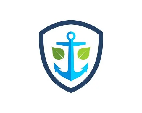 Shield with anchor and green leaf inside Stock Illustration