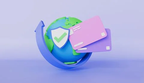 Shield and check mark, Globe with arrows, Credit card, Global secure payment Stock Illustration